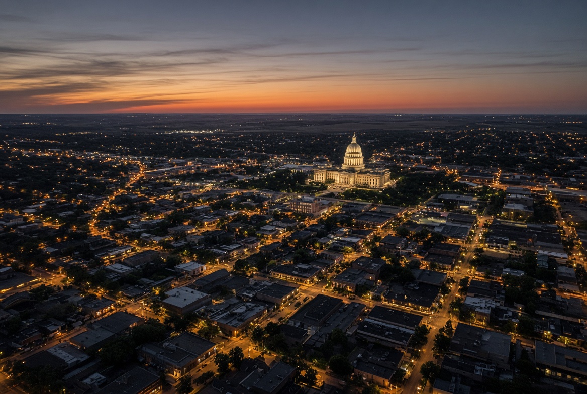 Springfield at dusk from the air, capitol dome lit