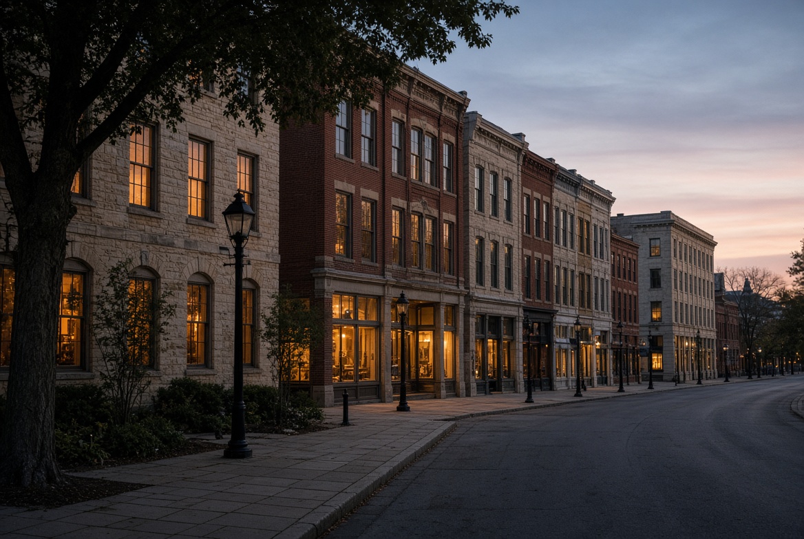 Evening street with lit windows