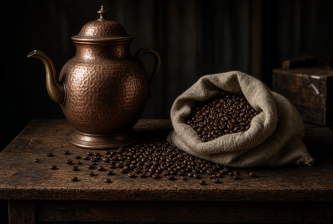 Copper urn and a sack of coffee beans on a wooden counter